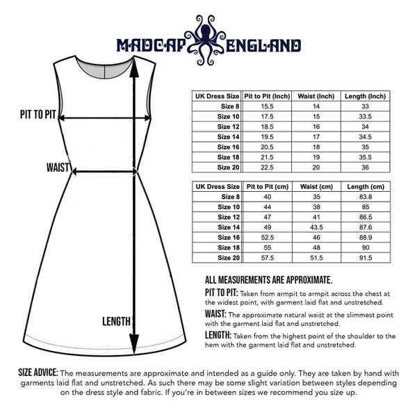 Size Guide for Madcap England A GoGo 1960s Stripe Side Tab Airline Dress MC454 Lifestyle