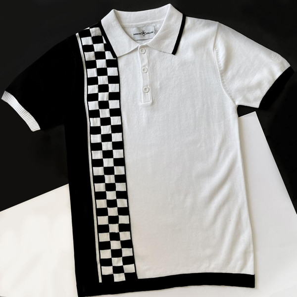 Madcap England Maytal Ska Mod 2-Tone Checkerboard Knitted Polo in white and black