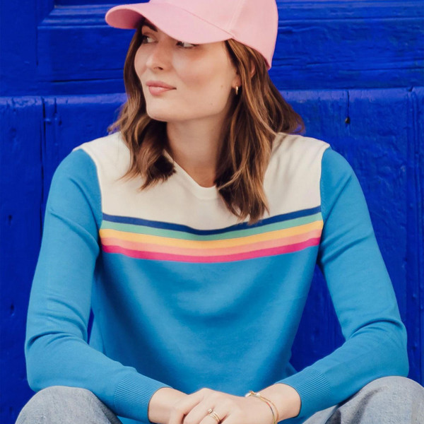 Sugarhill brighton womens rita retro rainbow split stripe crew neck jumper blue