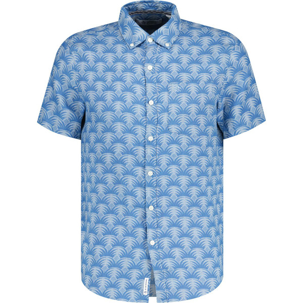 original penguin mens delave retro 70s geo Hawaiian print short sleeve linen shirt tourmaline blue
