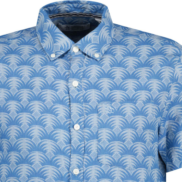 original penguin mens delave retro 70s geo Hawaiian print short sleeve linen shirt tourmaline blue