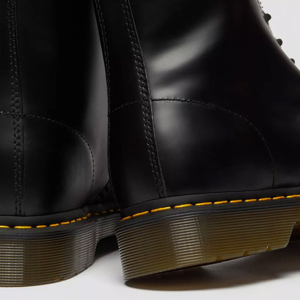 Heels & yellow stitch on Dr Martens Men's 1490 Mod Revival Punk 10 Eyelet Lace Up Boots in Black Leather