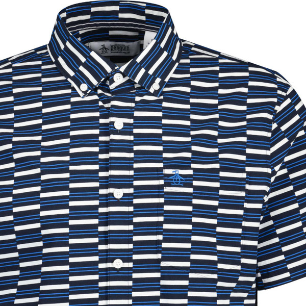 original penguin mens all over geometrical print short sleeve shirt dark sapphire