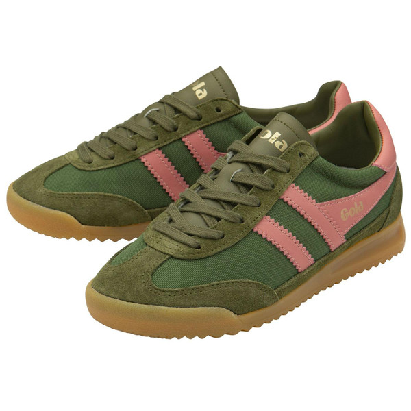 Gola Women's Tornado Retro 80s Nylon Trainers in military green and coral pink CLB623NU Gola Women's Tornado Retro 80s Nylon Trainers in military green and coral pink CLB623NU