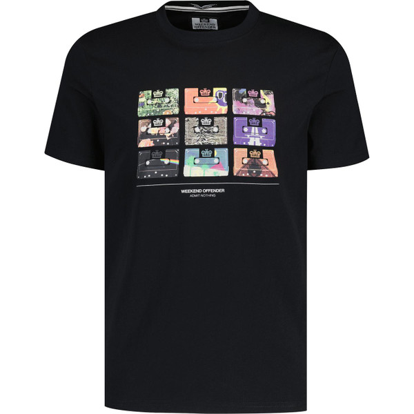 weekend offender mens retro 90s graphic cassettes print crew neck tshirt black