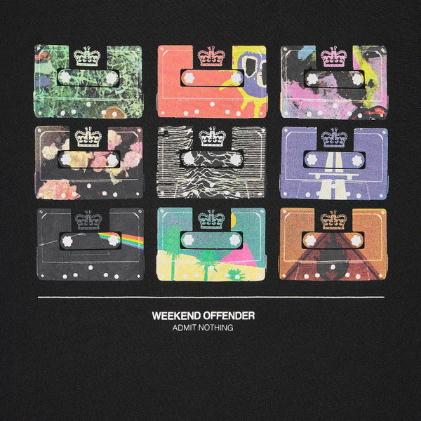 weekend offender mens retro 90s graphic cassettes print crew neck tshirt black