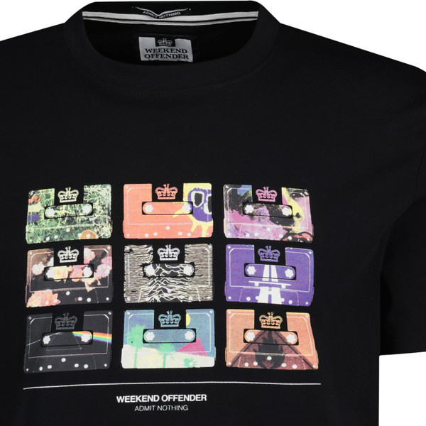 weekend offender mens retro 90s graphic cassettes print crew neck tshirt black