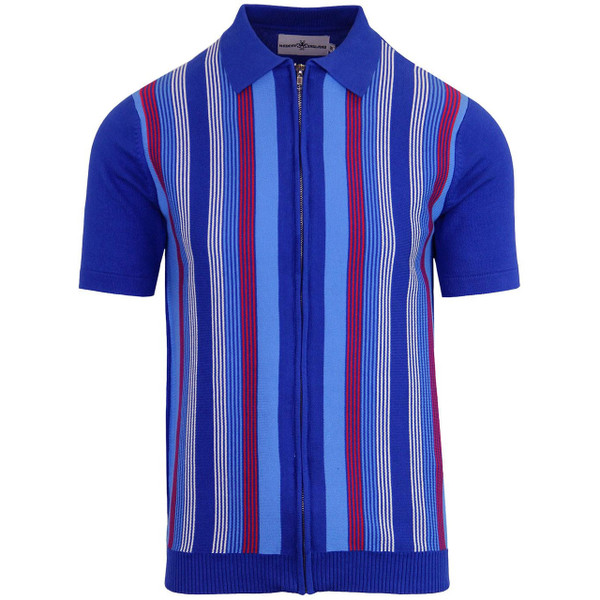 Madcap England Capitol Mod Stripe Knitted Zip Through Polo Shirt in Surf The Web Main View