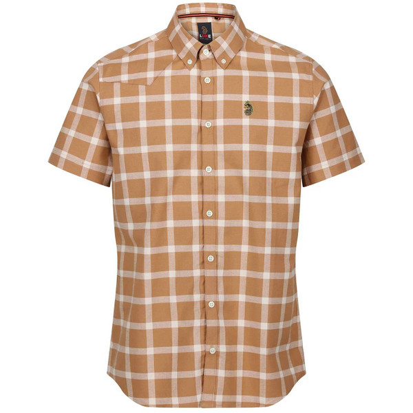 Luke Cambridge Mod Tailored Fit Check Shirt in Ecru and Caramel M660850