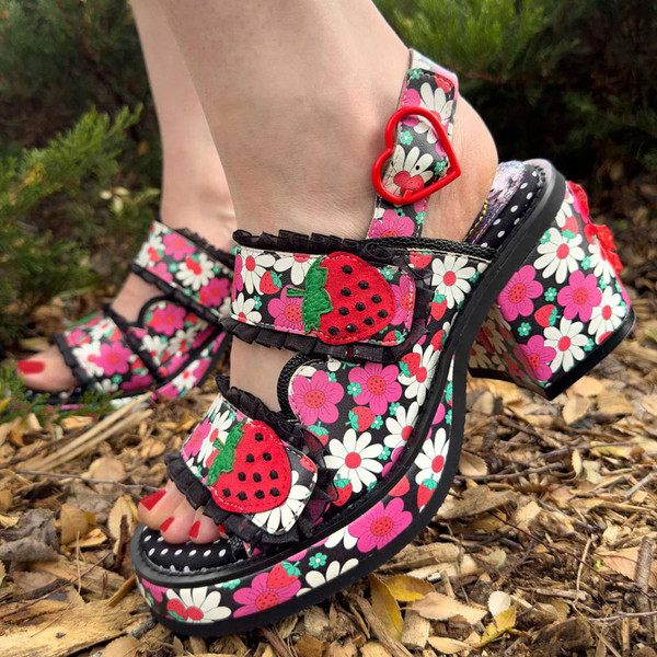 Irregular Choice Strawberry Fields Forever Heel Sandals in Black/Pink 4647-3B 