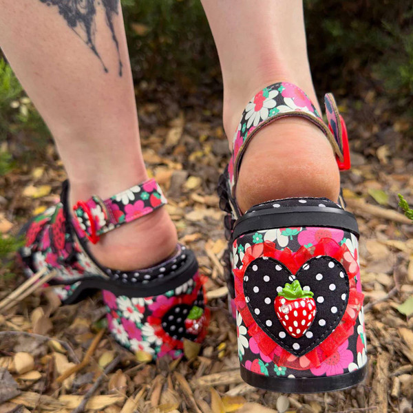 Irregular Choice Strawberry Fields Forever Heel Sandals in Black/Pink 4647-3B 