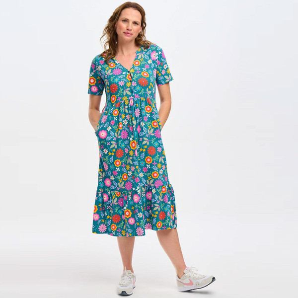 Sugarhill Brighton Heather Retro Folk Floral Smock Dress in Teal D1071