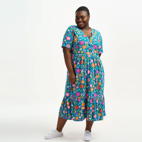 Sugarhill Brighton Heather Retro Folk Floral Smock Dress in Teal D1071