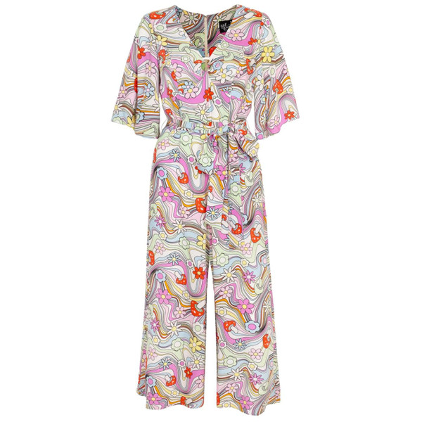 Hell Bunny Happy Daze Retro 60s 70s Cropped Jumpsuit in Off White