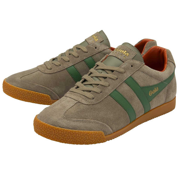 Gola Classics Harrier Suede Retro 70s Trainers in Rhino, Evergreen and Moody Orange CMA192FN Gola Classics Harrier Suede Retro 70s Trainers in Rhino, Evergreen and Moody Orange CMA192FN