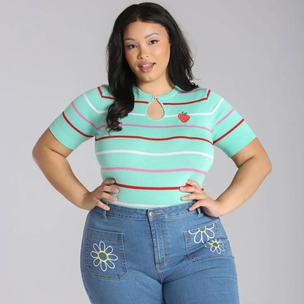 Hell Bunny Berry Cute Retro Striped Keyhole Strawberry Top in Green