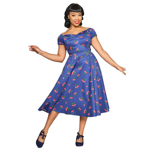 Collectif Dolores 50s Cherries Doll Dress in Navy
