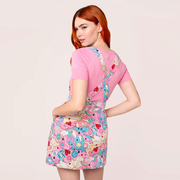 Hell Bunny x Smiley Originals Loulou Pinafore Dress in Pink/Blue SM4002