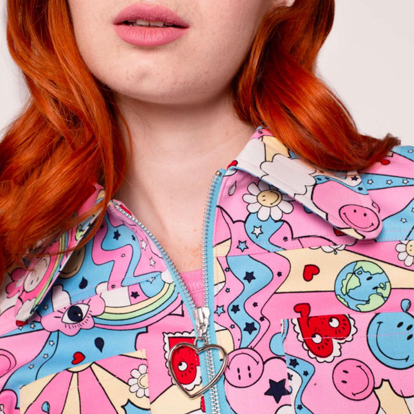 Hell Bunny x Smiley Originals Loulou Cropped Denim Jacket in Pink/Blue SM8000