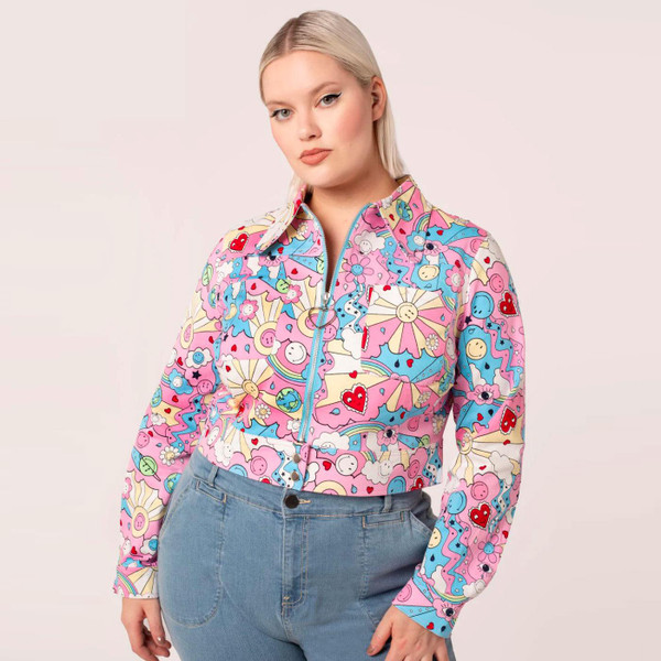 Hell Bunny x Smiley Originals Loulou Cropped Denim Jacket in Pink/Blue SM8000