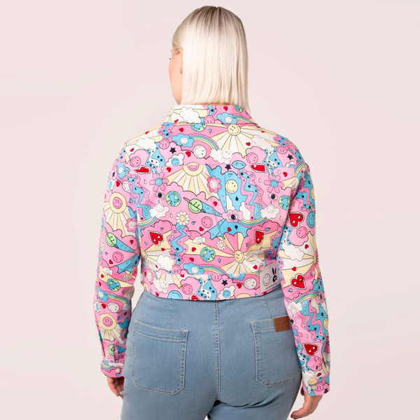 Hell Bunny x Smiley Originals Loulou Cropped Denim Jacket in Pink/Blue SM8000