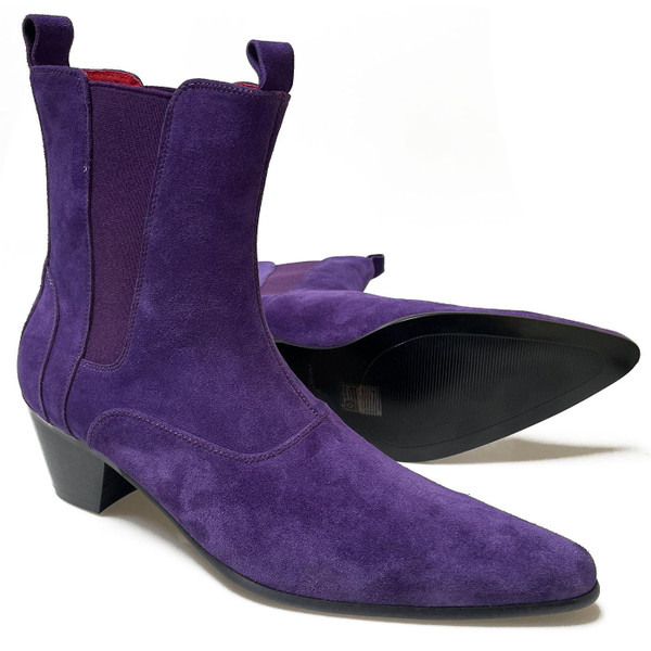 Outlaw Cuban Heel Chelsea Boots with Winklepicker Toe in Purple Suede by Madcap England Outlaw Cuban Heel Chelsea Boots with Winklepicker Toe in Purple Suede by Madcap England