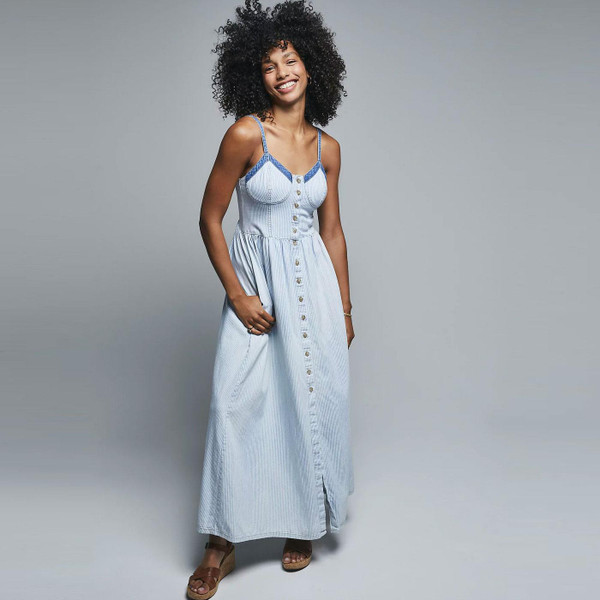 Lee Jeans Retro Western Striped Corset Maxi Dress in Light Blue Quick Change
