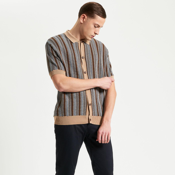 Ben Sherman Men's Textured Stripe Retro Knitted Cardigan Shirt 1012372 025