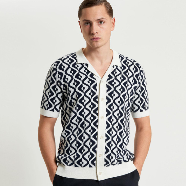 ben sherman mens mod jacquard knitted monochrome geometric tile button through polo tshirt black white