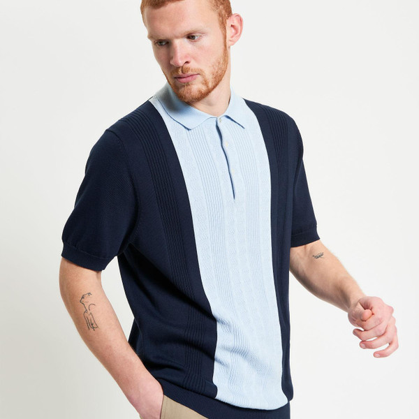Ben Sherman Mod 60s Textured Block Stripe Knit Polo in Dark Navy 1012376 025