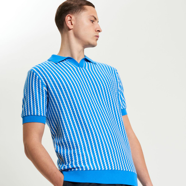 ben sherman mens mod jacquard vertical wave v neck polo tshirt snow white kingfisher blue