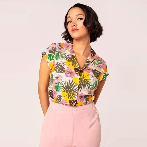 Hell Bunny Benita 1950s Resort Collar Tropical Print Blouse H60360