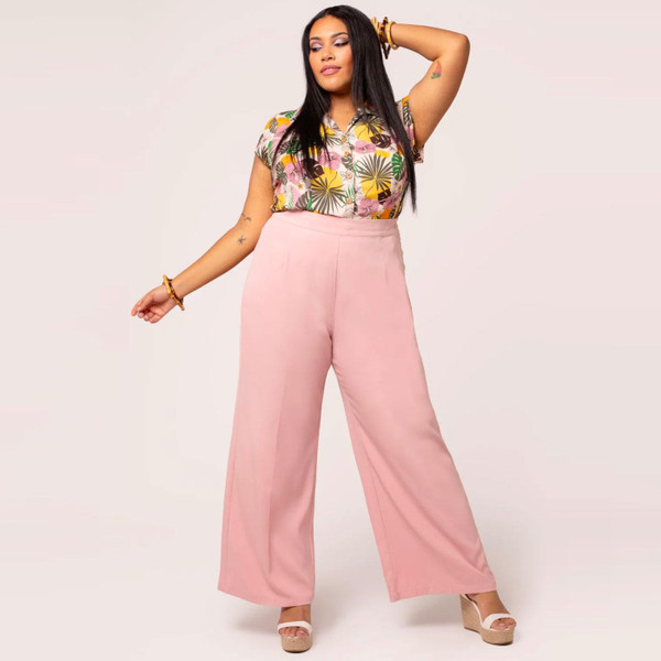 Hell Bunny Giselle Wide Leg Trousers in Pink H50381 