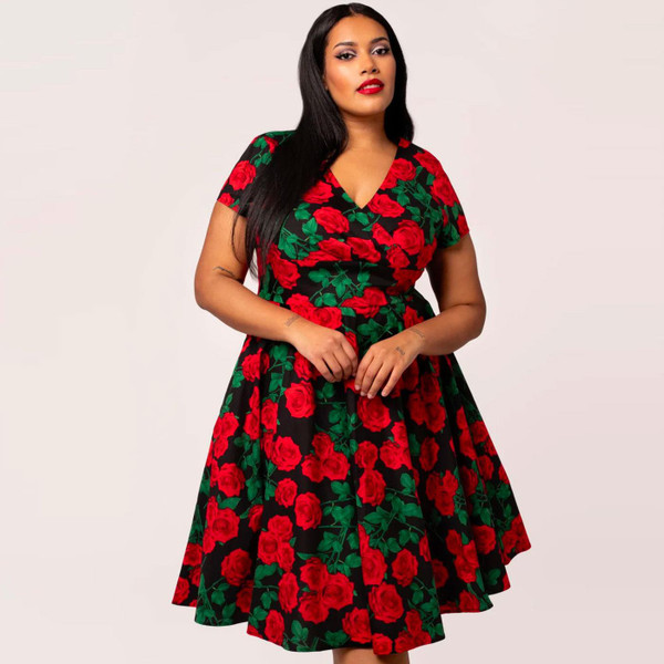 Hell Bunny Dolce Vita Retro 50s Rose Print Circle Flared Doll Dress in Black/Red H40453