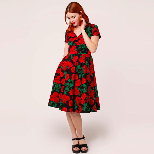 Hell Bunny Dolce Vita Retro 50s Rose Print Circle Flared Doll Dress in Black/Red H40453