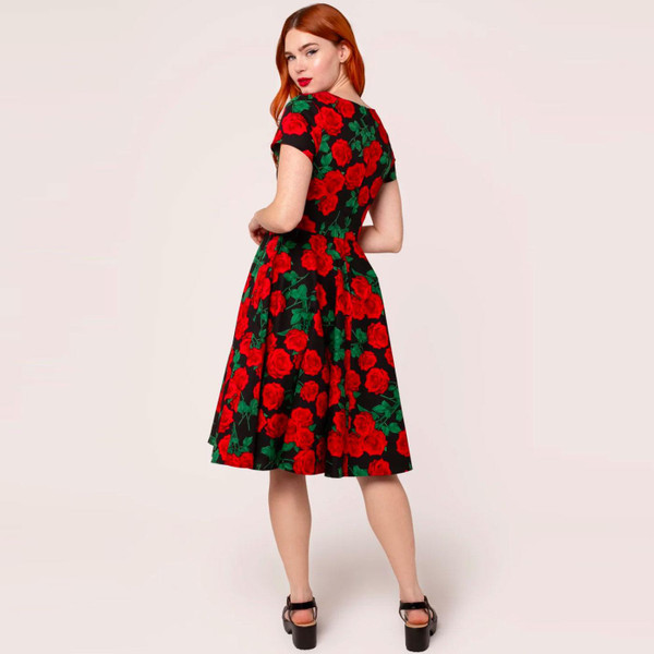 Hell Bunny Dolce Vita Retro 50s Rose Print Circle Flared Doll Dress in Black/Red H40453