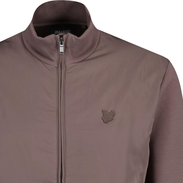 lyle and scott mens retro funnel neck tonal logo badge zip hybrid jacket plum truffle brown