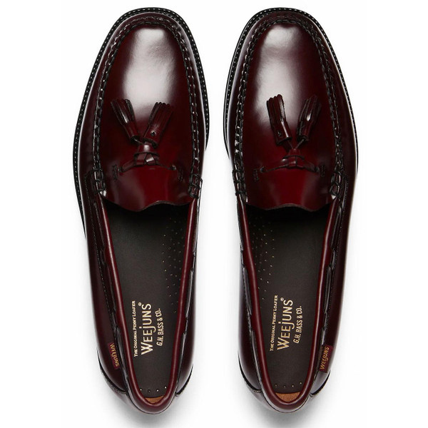 Overhead on GH Bass Larkin Easy Weejun Tassel Loafer Shoes in Wine Leather & Rubber Sole