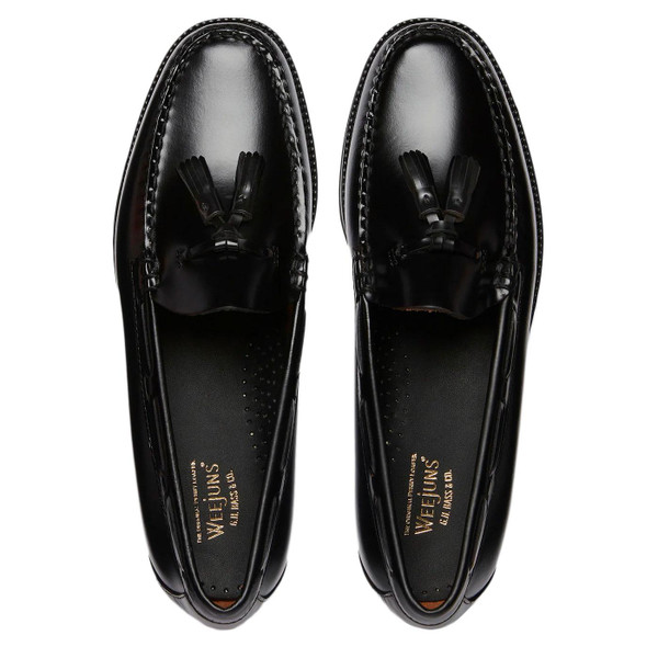 Overhead of GH Bass Larkin Easy Weejun Tassel Loafers in Black Leather & Rubber Sole