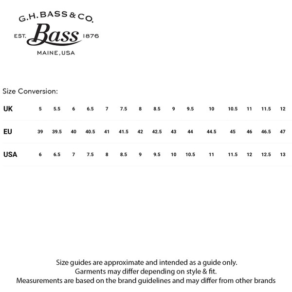 Shoe size conversion for Bass Weejuns Heritage Layton Moc Kiltie Fringe Loafers in Black Leather