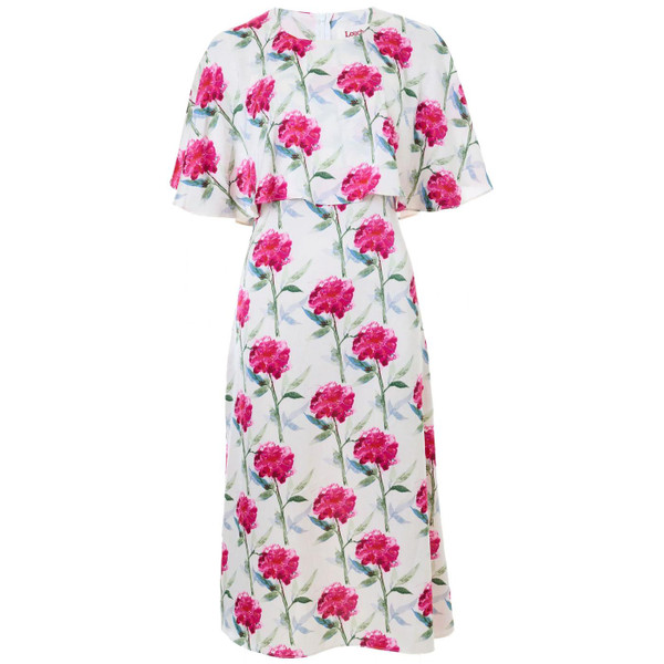 Louche London Rosso Loveflower Print Cape Midi Dress in white/pink
