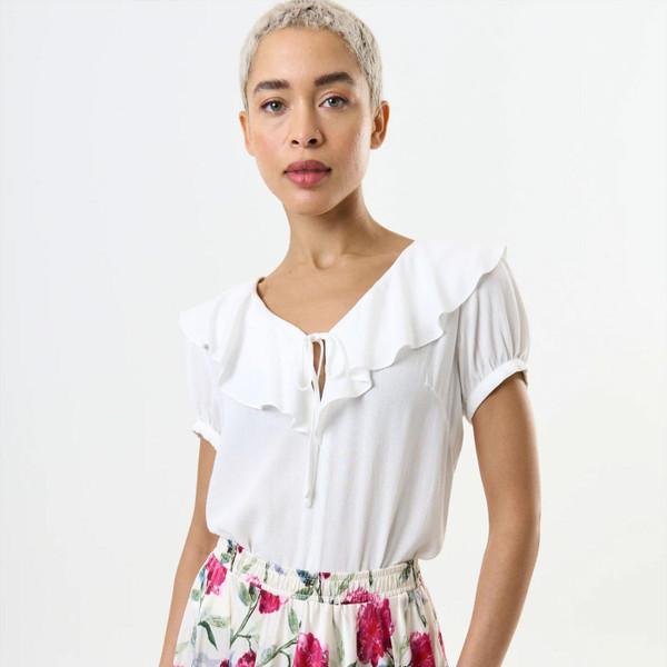 Louche London Eloise Moss Crepe Frill Collar Blouse in Off White
