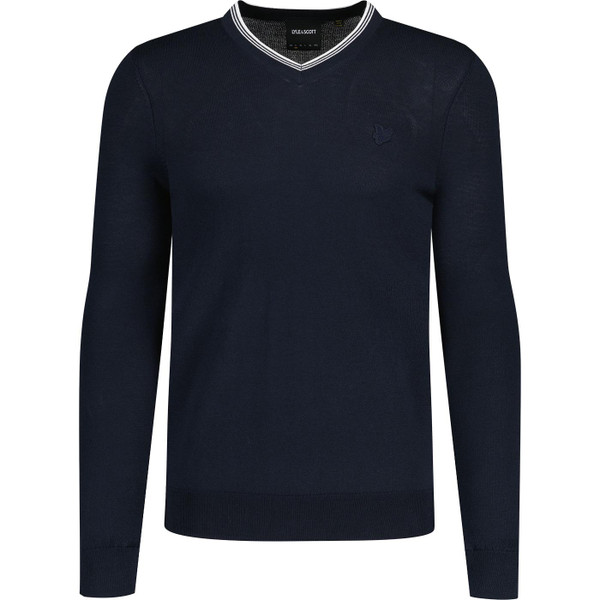 lyle and scott mens mod tipped fitted v neck cotton jumper navy