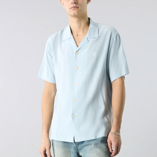 Pretty Green Retro 70s Islington Cuban Collar Shirt in Sky Blue