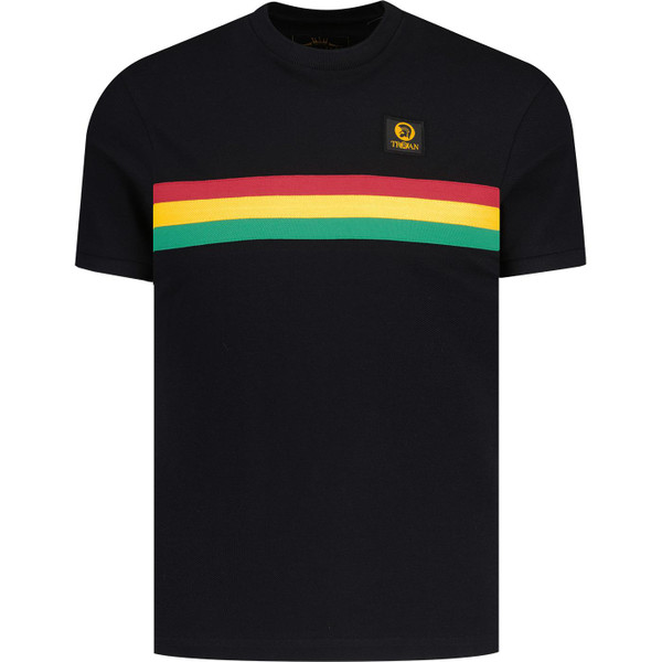 trojan clothing mens retro tricolour rasta chest stripe pique tshirt black