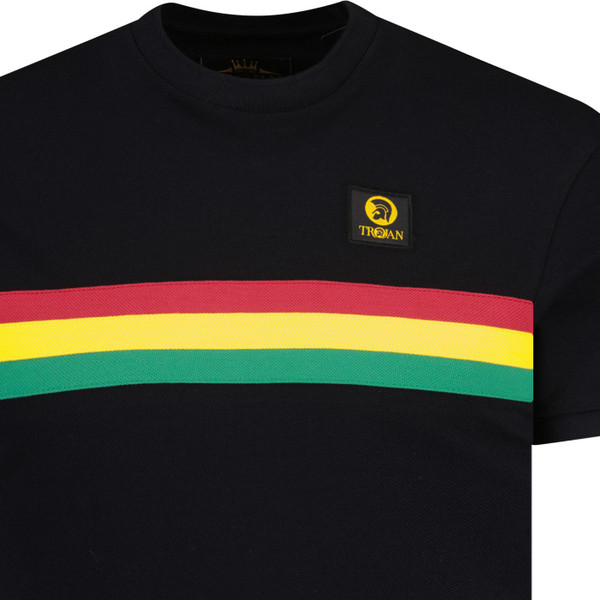 trojan clothing mens retro tricolour rasta chest stripe pique tshirt black