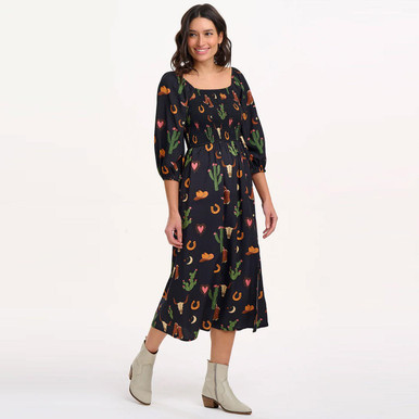 Sugarhill Boutique Zinnia Cowgirl Print Midi Shirred Dress in Black