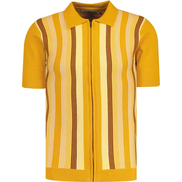 Madcap England Capitol 1960s Mod Stripe Zip Knit Polo Top in Golden Glow