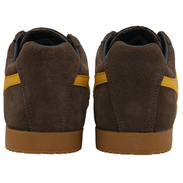 Back Heels on Gola Classics Harrier Suede Men's Retro Trainers in Coffee Brown with Sun Yellow