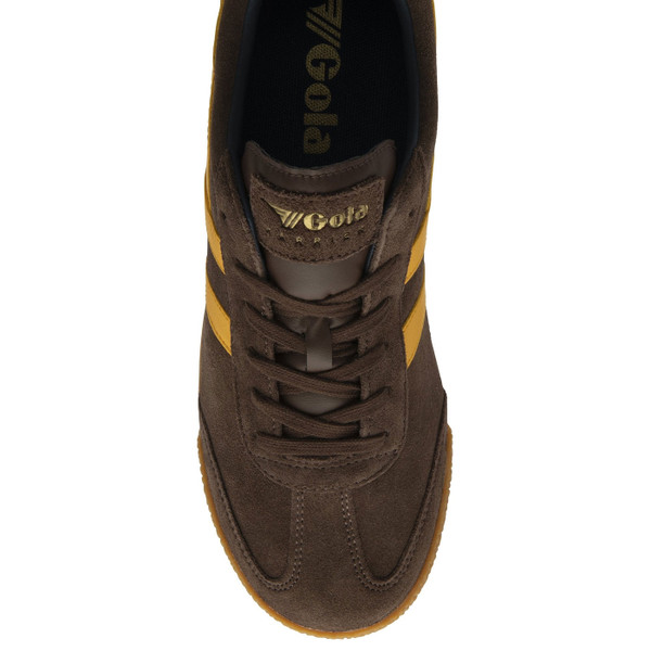 Toe detail on Gola Classics Harrier Suede Men's Retro Trainers in Coffee Brown with Sun Yellow